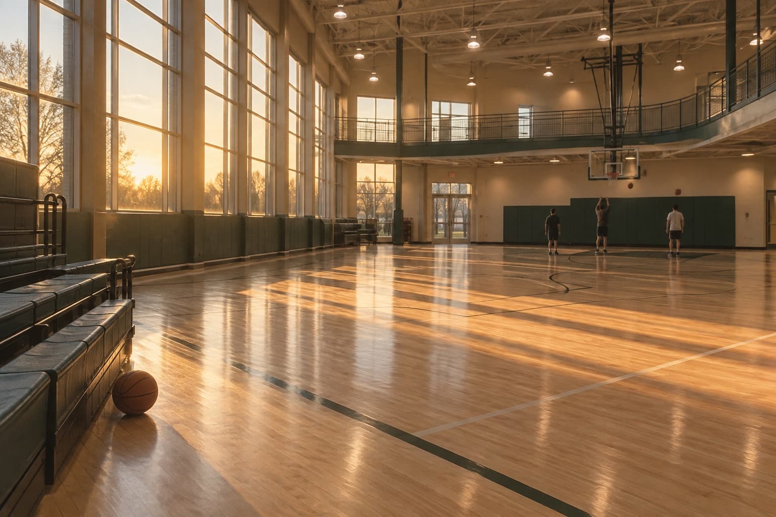 A community field house in warm evening light.