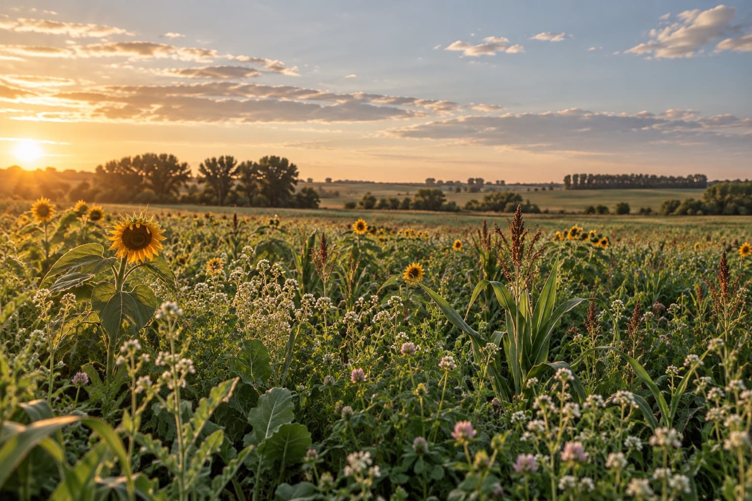 A mixed cover crop field in late summer light on rolling Nebraska plains.
