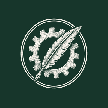Quill and gear emblem representing custom AI system building
